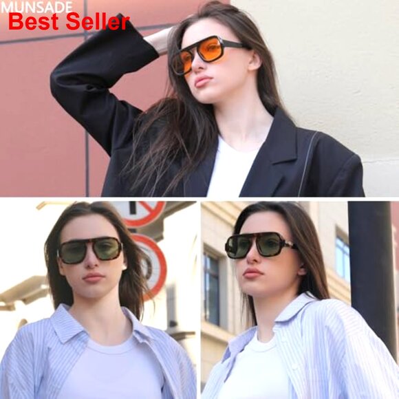 Square Aviator Sunglasses UV400 Protection Lightweight Acetate Frame - Picture 3 of 7